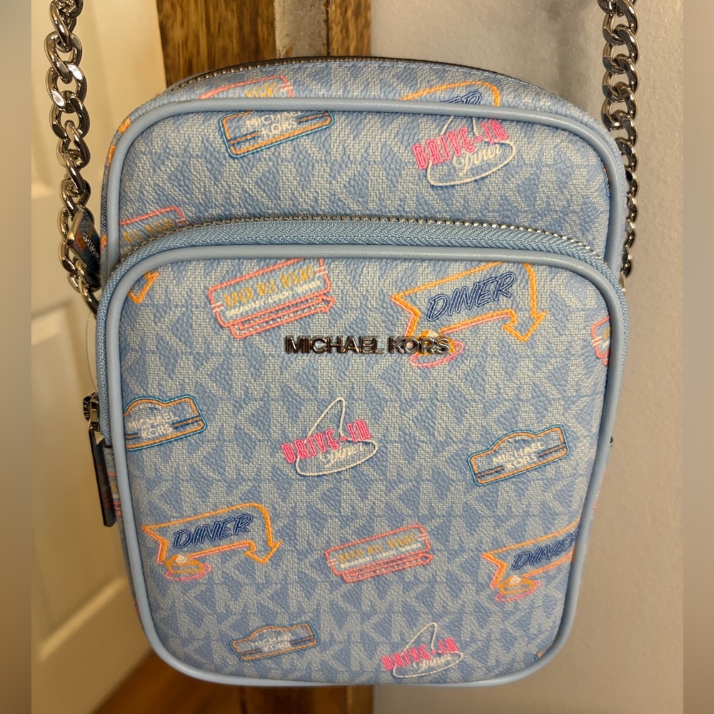 Michael Kors Jet Set Travel Medium Light Sky Blue Logo Graphic Chain Crossbody